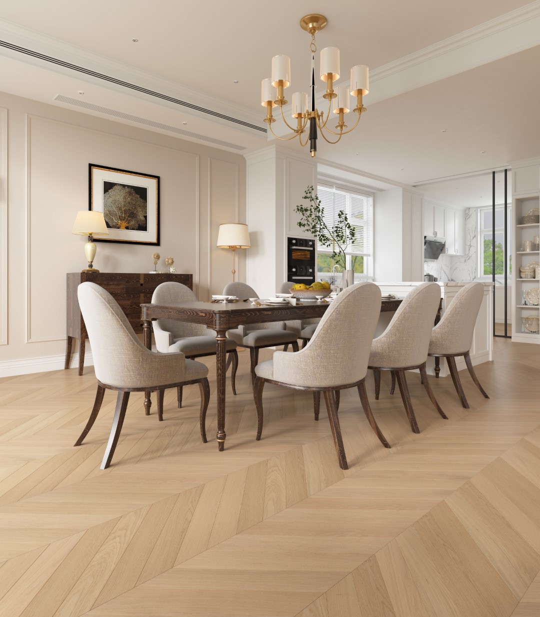 14mm Engineered Wood Chevron Click System Invisible Lacquered / Lac Modern Line Narrow Planks Mid Oak Light