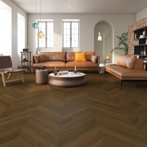14mm Engineered Wood Chevron Click System Dark Brown Brushed Oiled Narrow Planks Mid Oak Classic