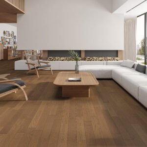 14mm Engineered Wood Straight Plank Tongue & Groove Coffee Brushed Classic Lacquered / Lac Builder's Line Random Length Narrow Planks Mid Oak Rich